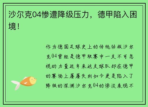 沙尔克04惨遭降级压力，德甲陷入困境！