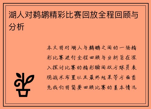 湖人对鹈鹕精彩比赛回放全程回顾与分析